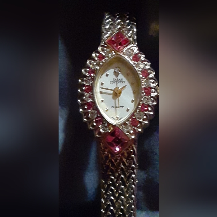 Sarah Coventry Gold Watch With Pink And Quartz Crystal Stones.